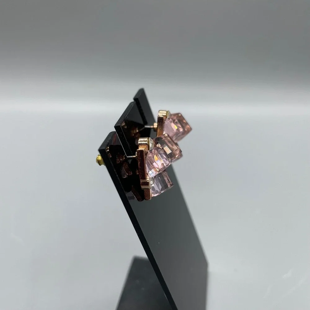 Rose Gold Tone Pink Crystal Cluster Stud Earrings Geometric Rhinestone Accents